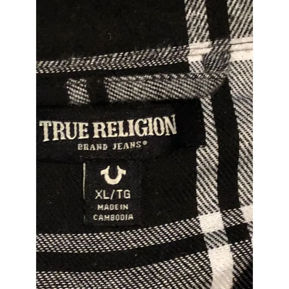RareTrue Religion Flannel Shirt Plaid L Snap Western Logo On Pockets Mens Sz XL